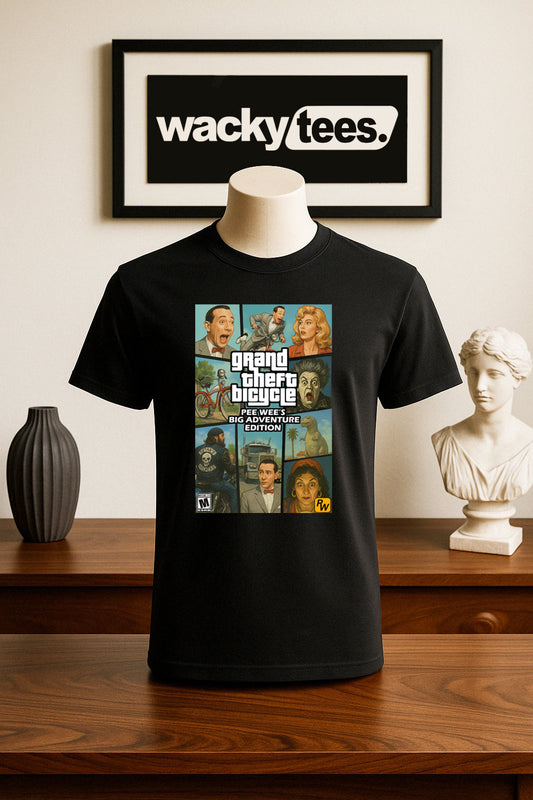 Pee Wee Herman Grand Theft Bicycle Big Adventure Edition Game Cover Graphic Tee Shirt