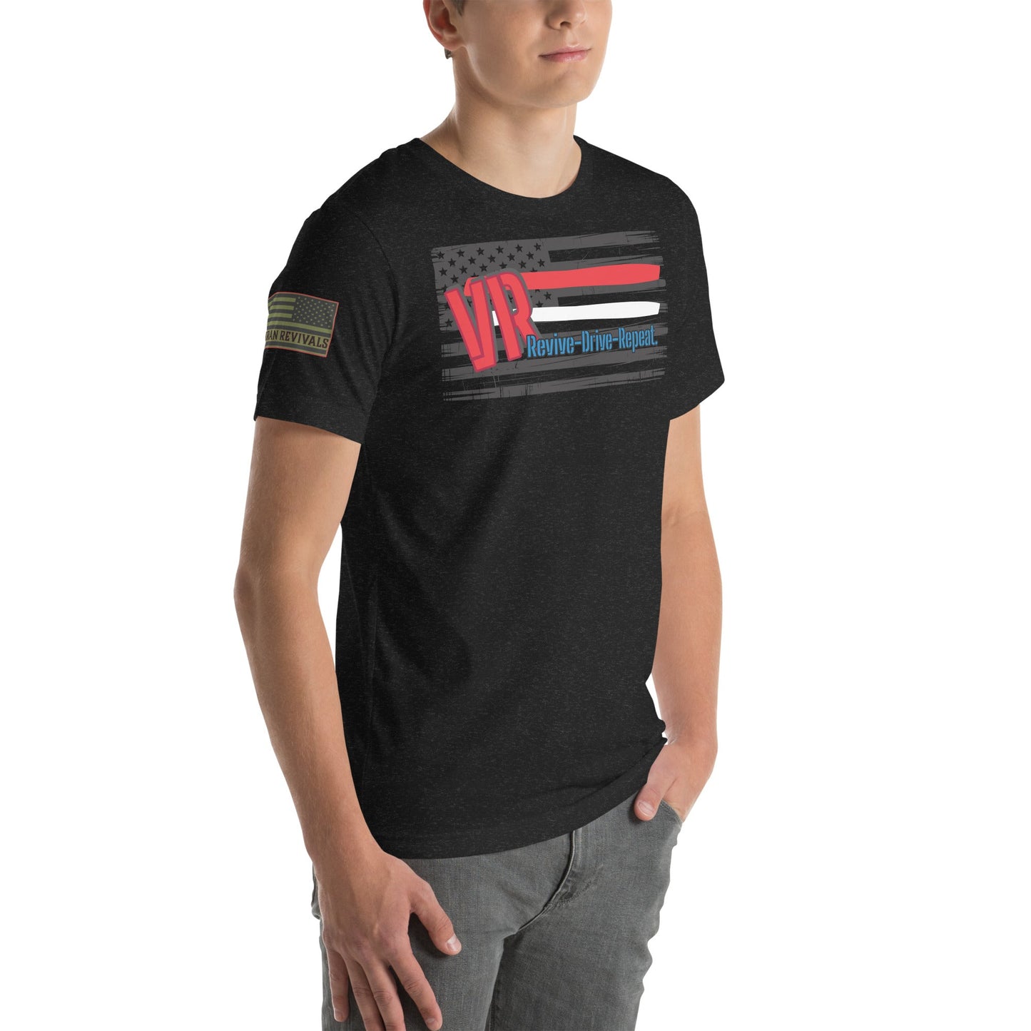 VR Revive Drive Repeat T-Shirt – Distressed American Flag Graphic Tee for Car & Truck Enthusiasts