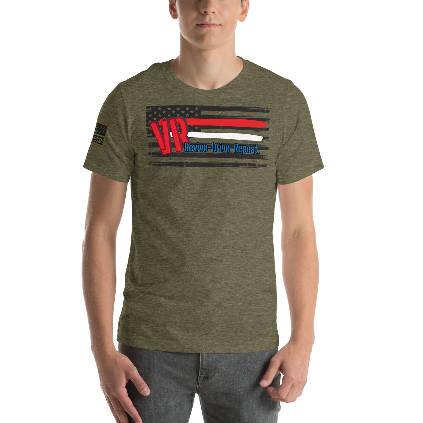 VR Revive Drive Repeat T-Shirt – Distressed American Flag Graphic Tee for Car & Truck Enthusiasts