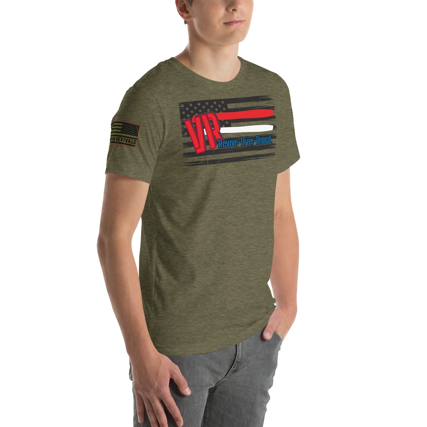 VR Revive Drive Repeat T-Shirt – Distressed American Flag Graphic Tee for Car & Truck Enthusiasts