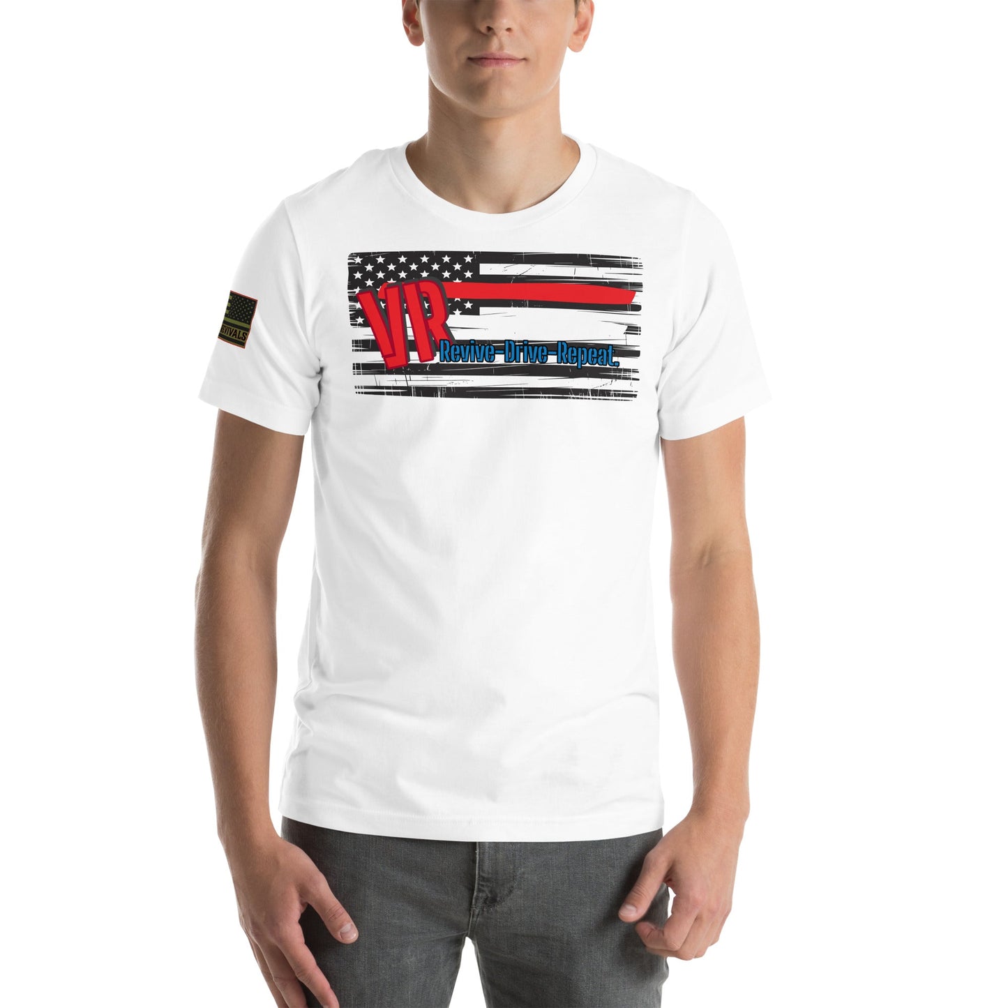 VR Revive Drive Repeat T-Shirt – Distressed American Flag Graphic Tee for Car & Truck Enthusiasts