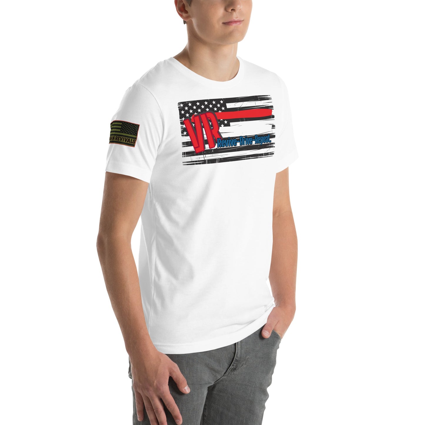 VR Revive Drive Repeat T-Shirt – Distressed American Flag Graphic Tee for Car & Truck Enthusiasts